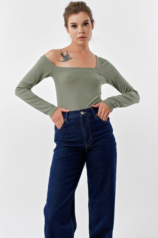 Soft knit body with open shoulder olive color