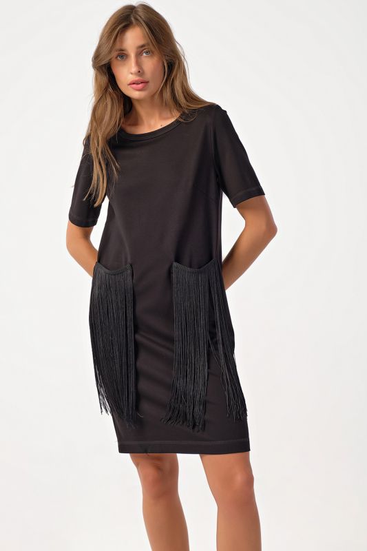 Short knitted dress with fringe black