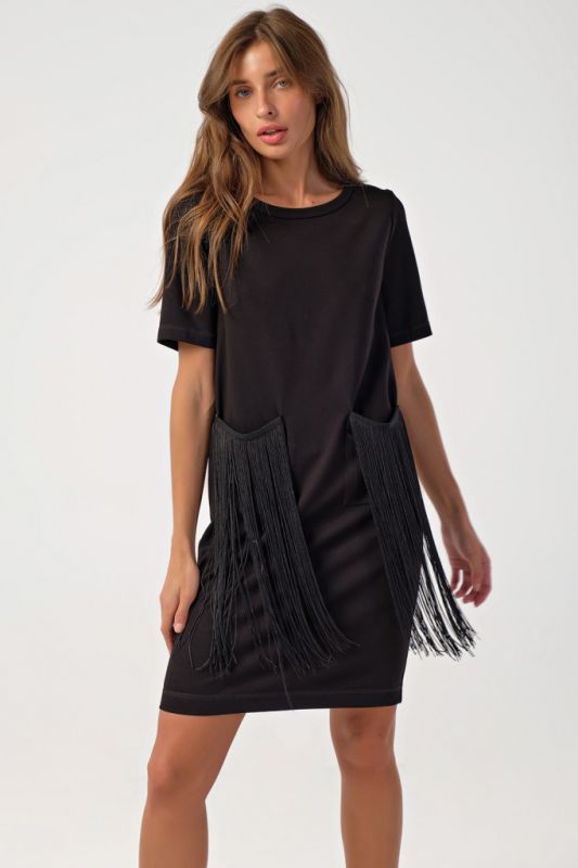 Short knitted dress with fringe black