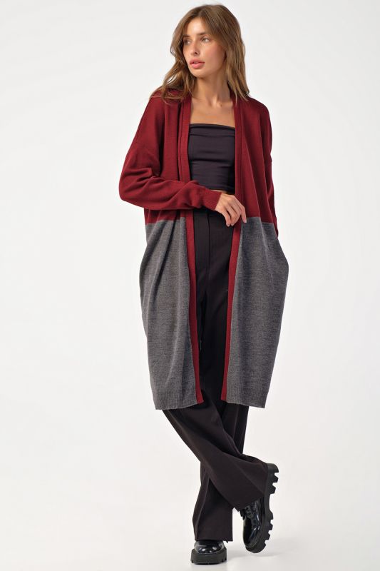 Cardigan knitted loose two-color gray-burgundy