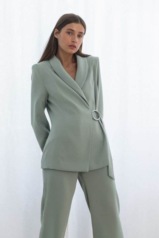 Business summer suit with wide pants gray-green