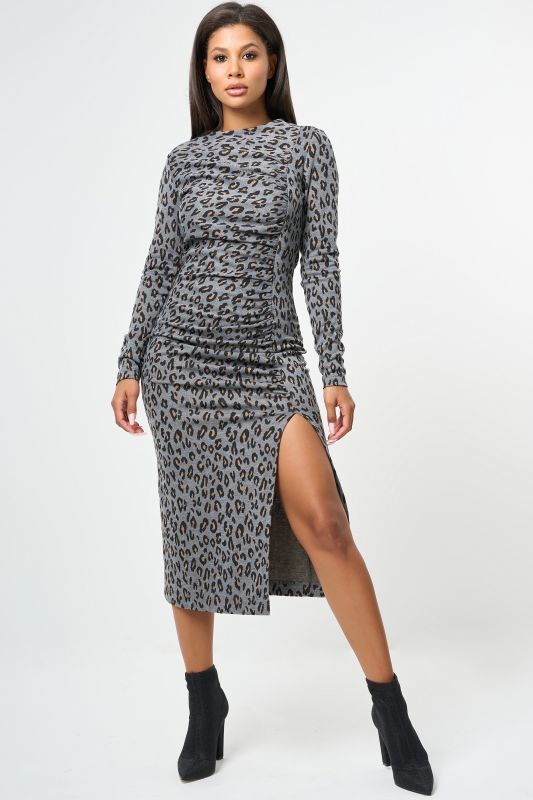 Leopard slit midi dress with leg slit on gray