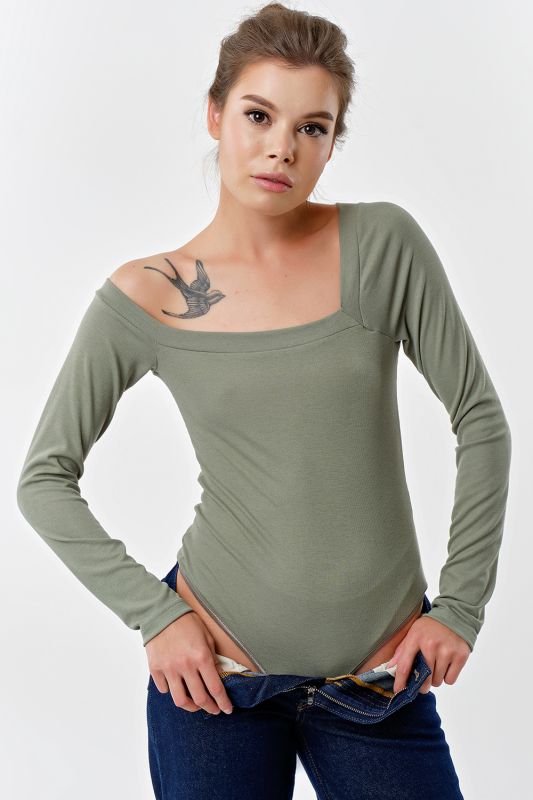 Soft knit body with open shoulder olive color