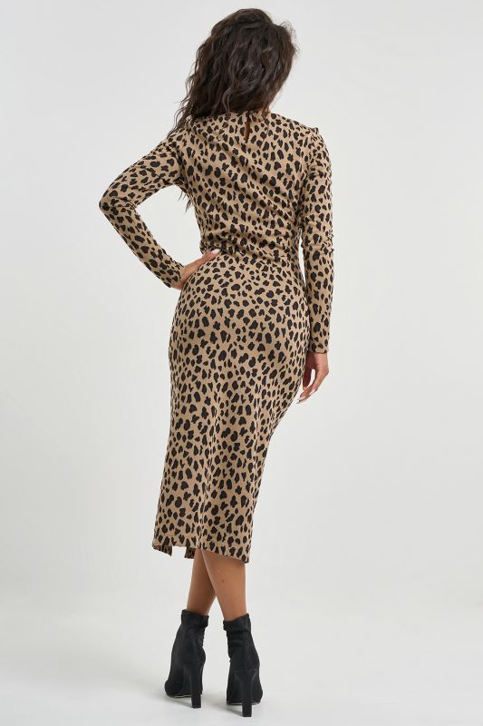 Leopard on beige tight midi dress with leg slit