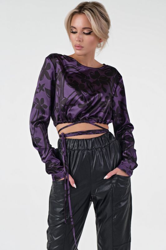 Short blouse with waist ties with print on purple