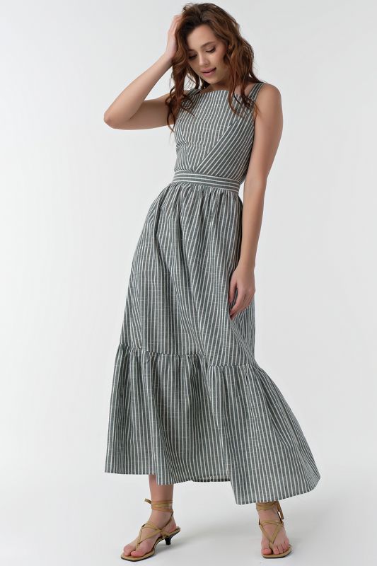 Long cotton summer dress with white striped stripes on green