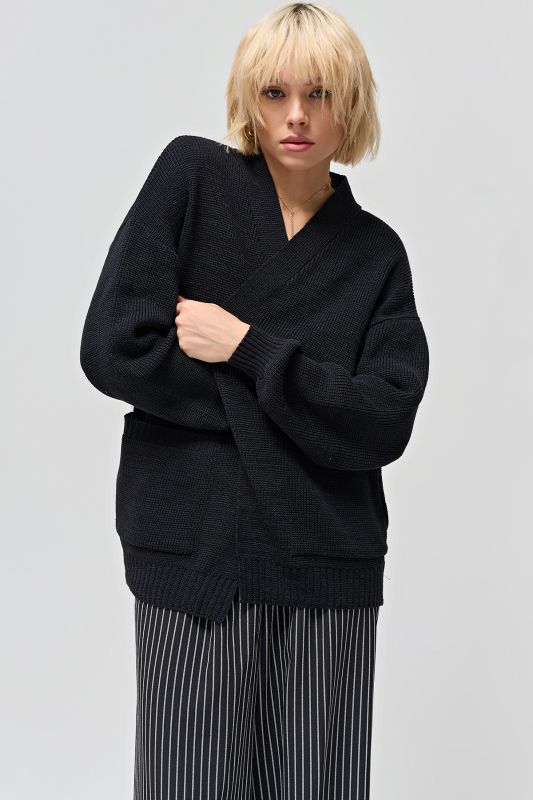 Black melange voluminous cardigan without a clasp