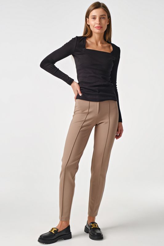 Beige stretch knit pants with high fit