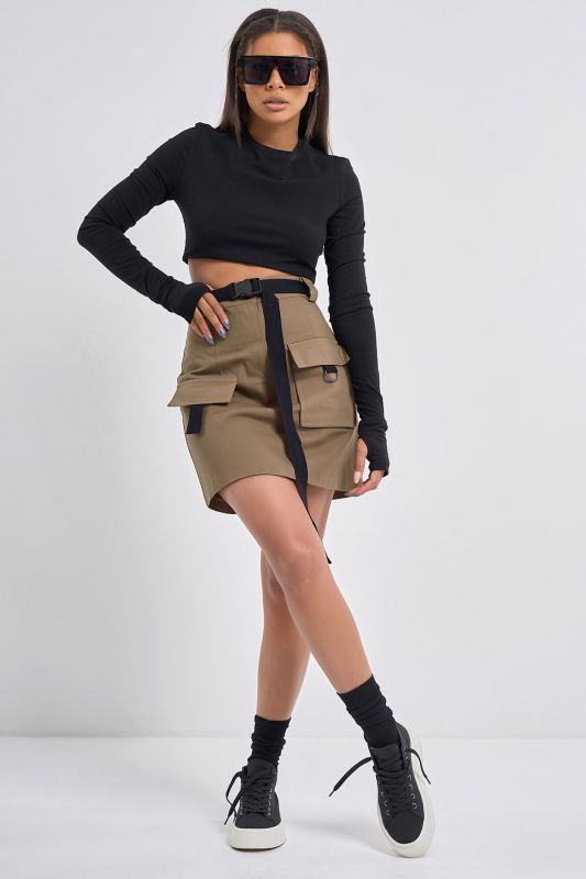 Cotton fabric khaki waistband kargo skirt