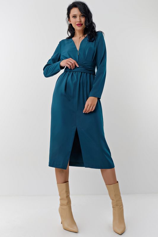 Casual long sleeve midi dress in turquoise