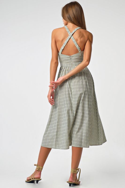 Open back cotton striped sarafan in green