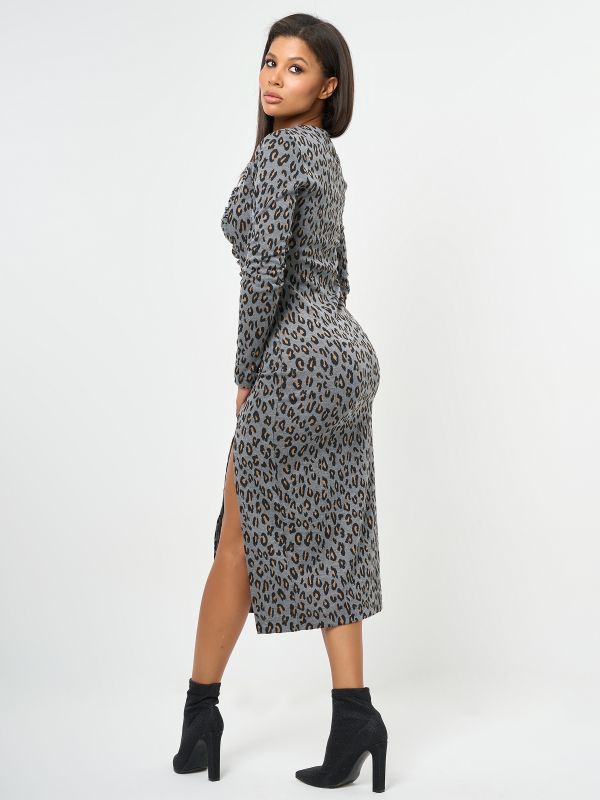 Leopard slit midi dress with leg slit on gray