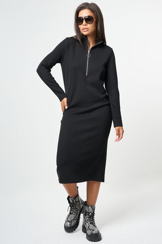 Black knitted straight midi dress with long sleeves