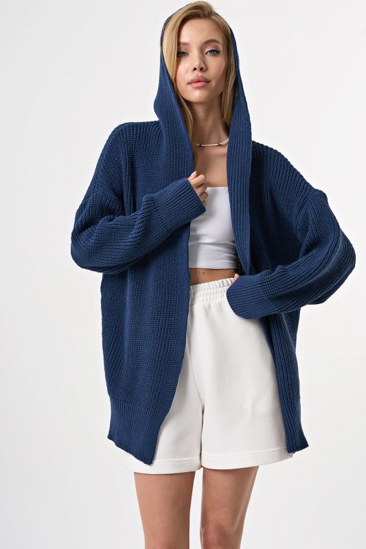 Knitted textured cardigan with hood blue