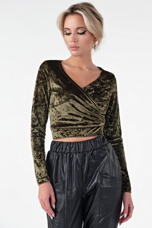 Long Sleeved Velvet Cropped Top in Green