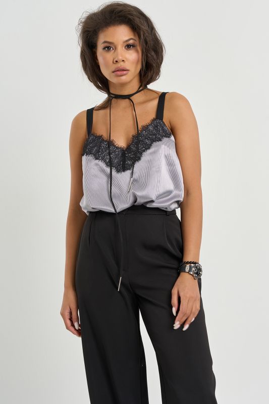 Striped top with lace insert gray