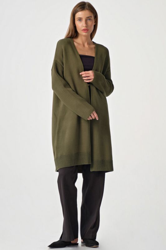 Olive long sleeveless knitted over-size cardigan without button