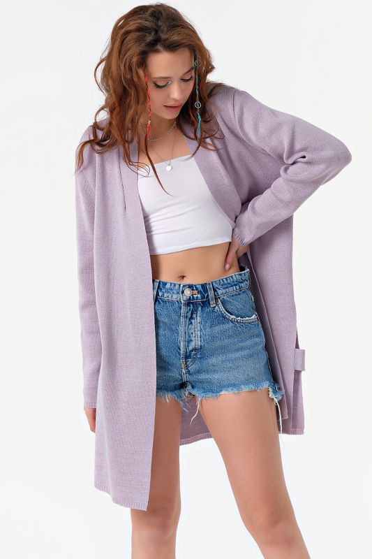 Long knitted cardigan with belt light lilac