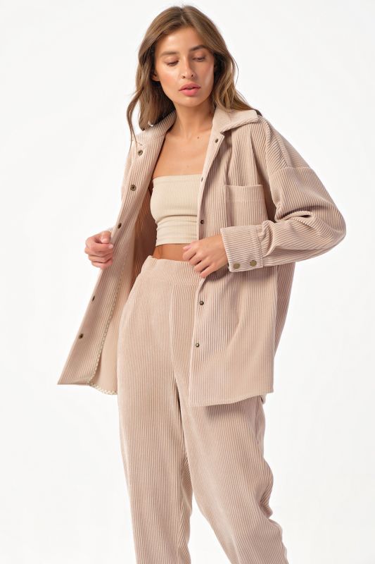 Corduroy pant suit with beige shirt