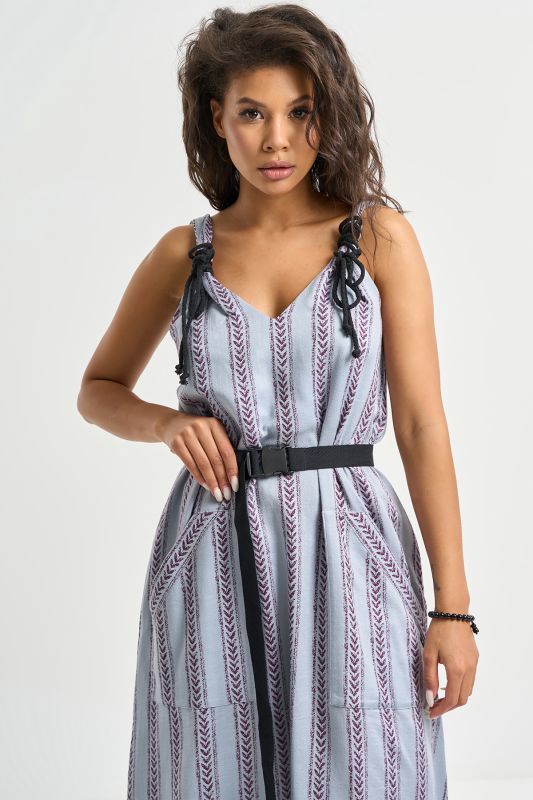 Cotton dress with belt print on gray-blue