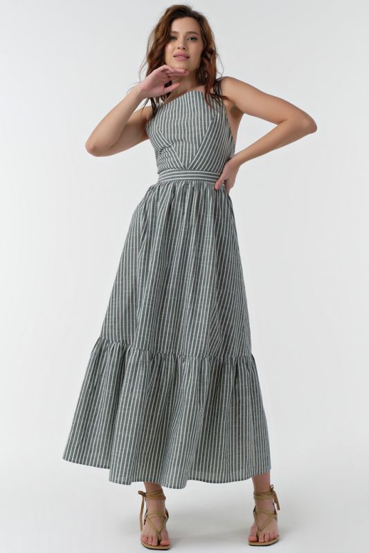 Long cotton summer dress with white striped stripes on green