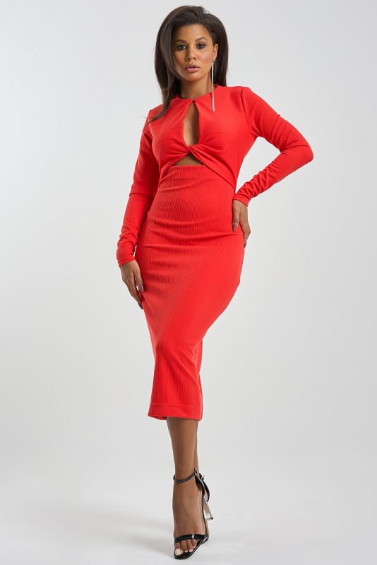 Dress with slit on the chest of textured knit fabric red