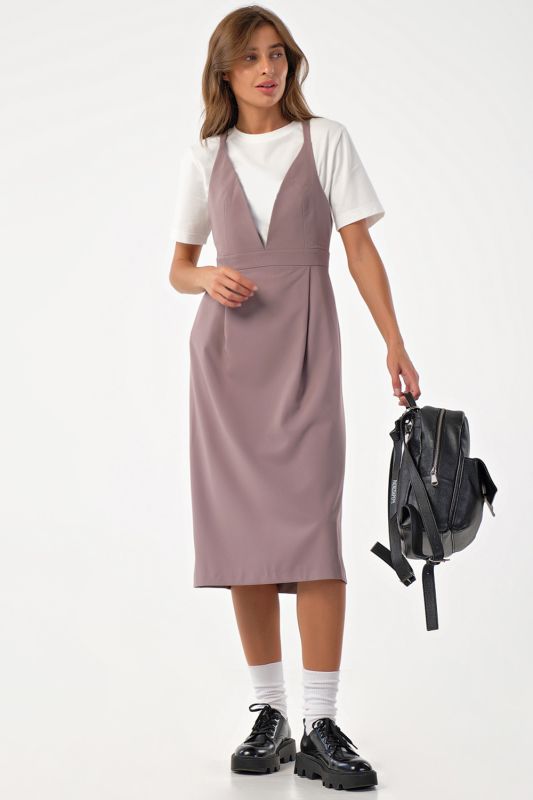 Office midi sundress under mocha blouse