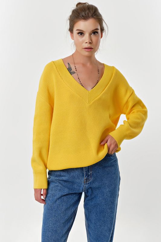 Cotton melange melange yellow v-neck knitted sweater