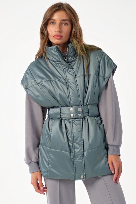 Zippered over-size insulated vest in gray-green