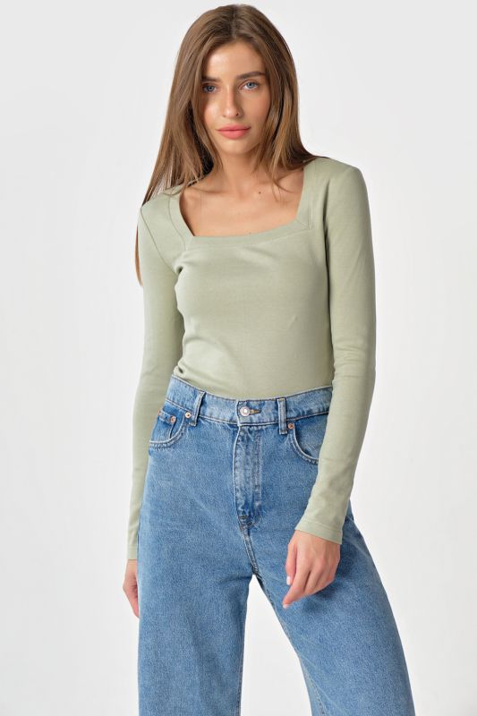 Cotton square neck knit longsleeve green