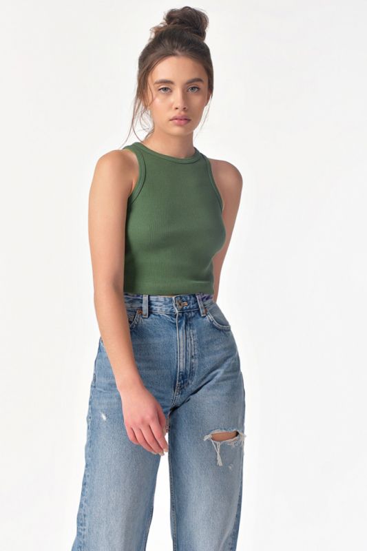 Cotton knitted cropped top in olive color