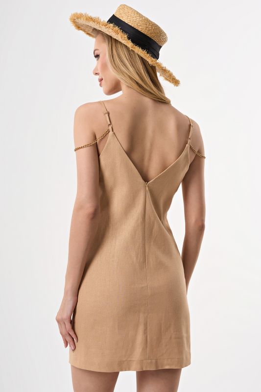 Strappy linen dress with chain beige