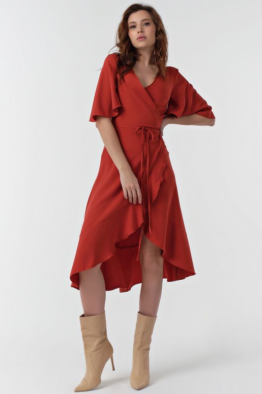 Terracotta fitted dress with flounces midi