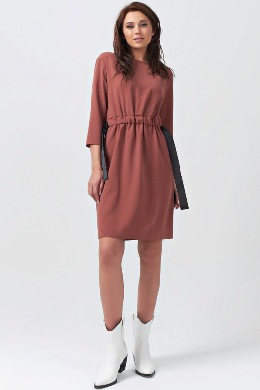 Pale terracotta straight casual dress with waist cuff in pale terracotta