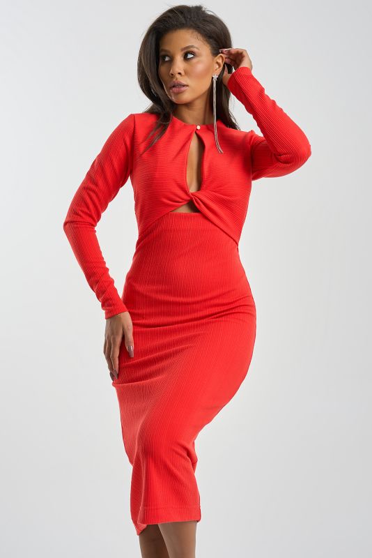 Dress with slit on the chest of textured knit fabric red