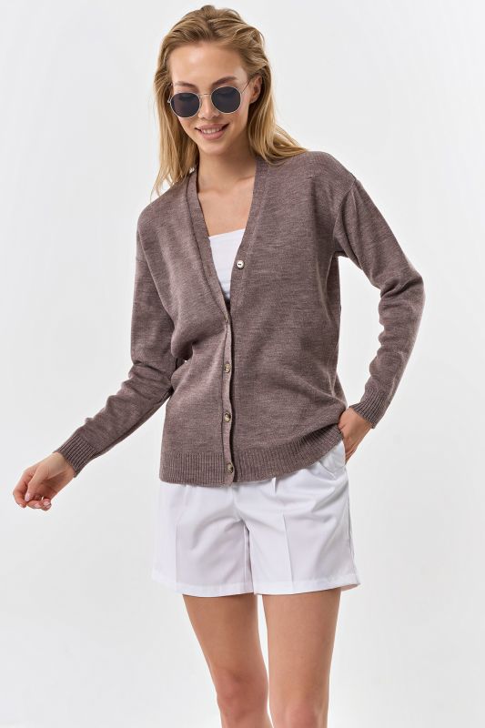 Cardigan made of semi wool yarn with buttons melange dark beige