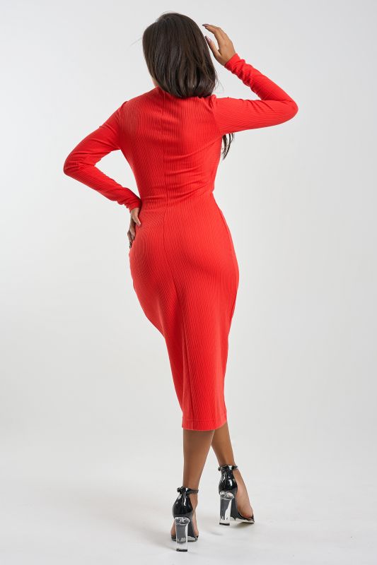 Dress with slit on the chest of textured knit fabric red