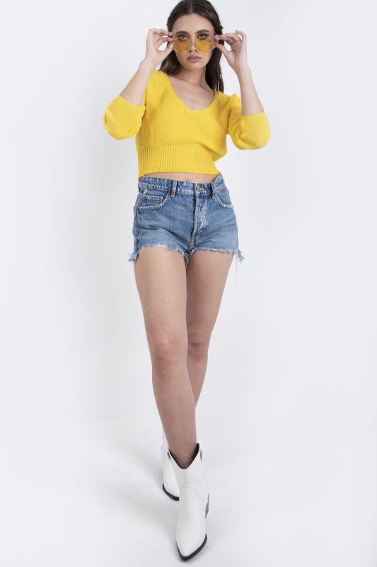 Short v-neck crochet sweater yellow