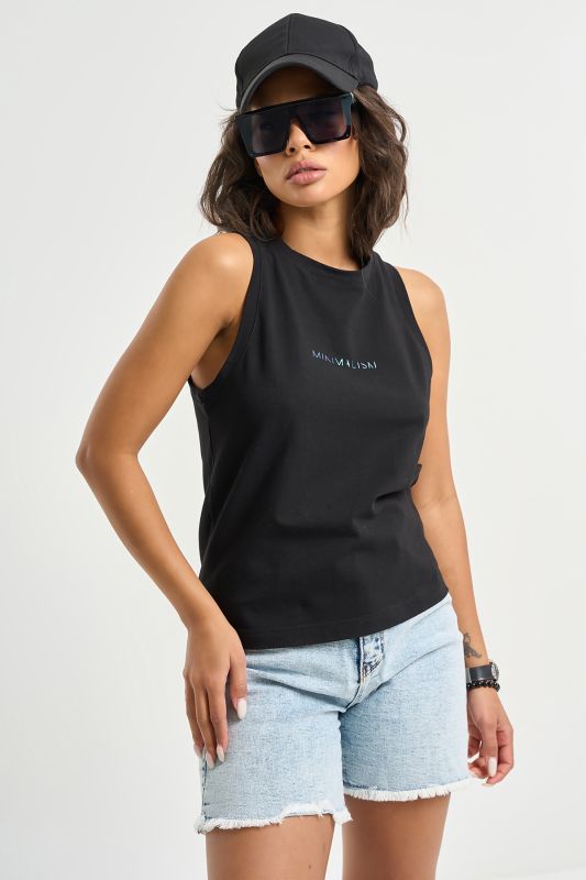 Sleeveless cotton knit top with print black