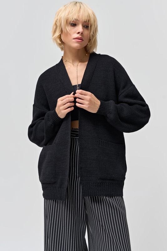 Black melange voluminous cardigan without a clasp