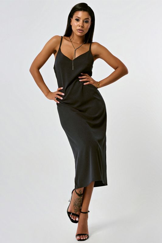 Black linen-style midi combination dress