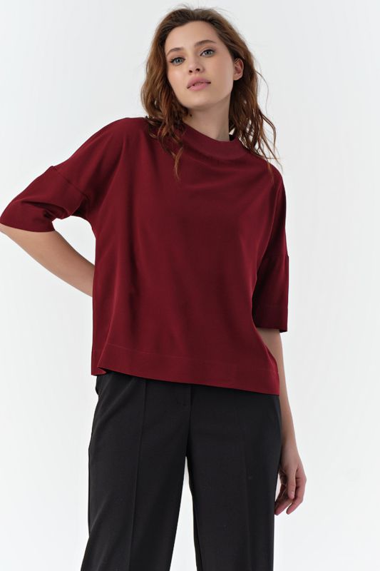 Short sleeve straight office blouse burgundy