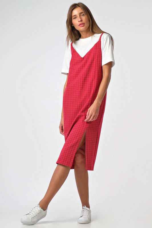 Long Sarafan with a slit on the leg in plaid red