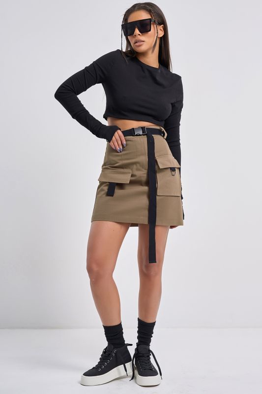 Cotton fabric khaki waistband kargo skirt