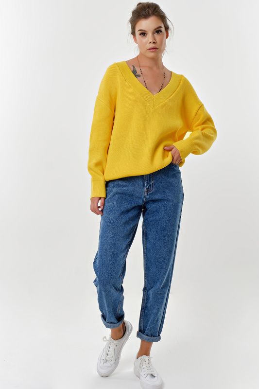 Cotton melange melange yellow v-neck knitted sweater