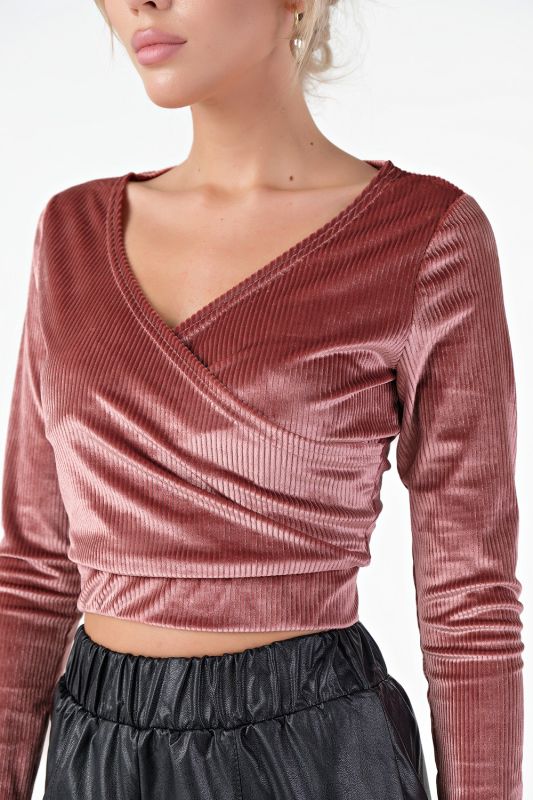 Terracotta long-sleeved cropped velvet top