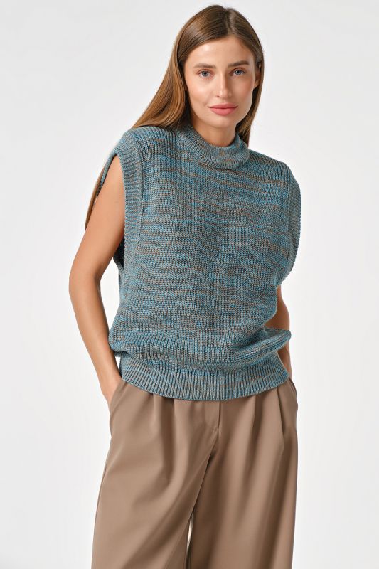 Oversize knitted vest in turquoise-brown melange