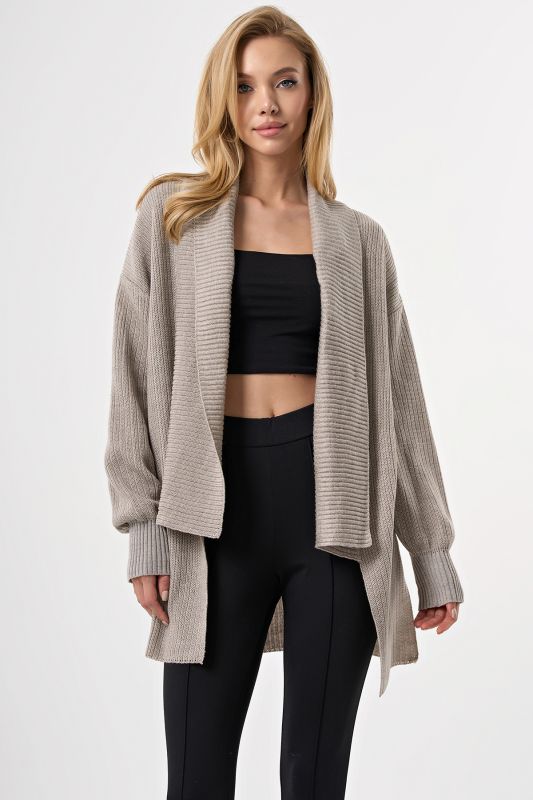 Voluminous cardigan with textured collar melange gray-beige