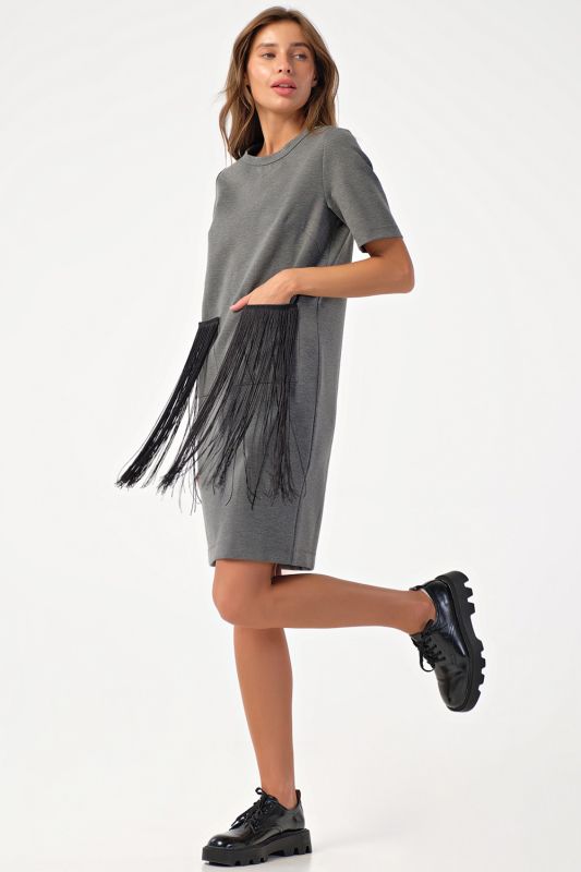 Short knitted dress with fringe gray melange