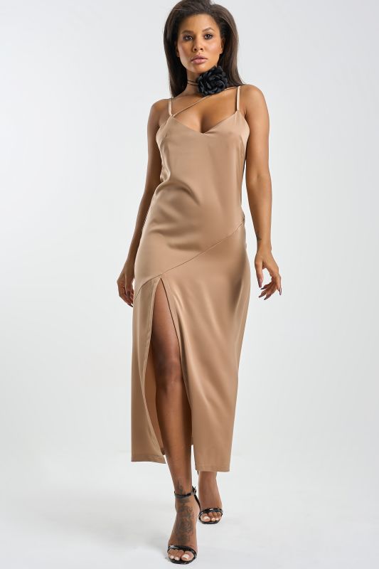 Flowing combination dress in beige fabric